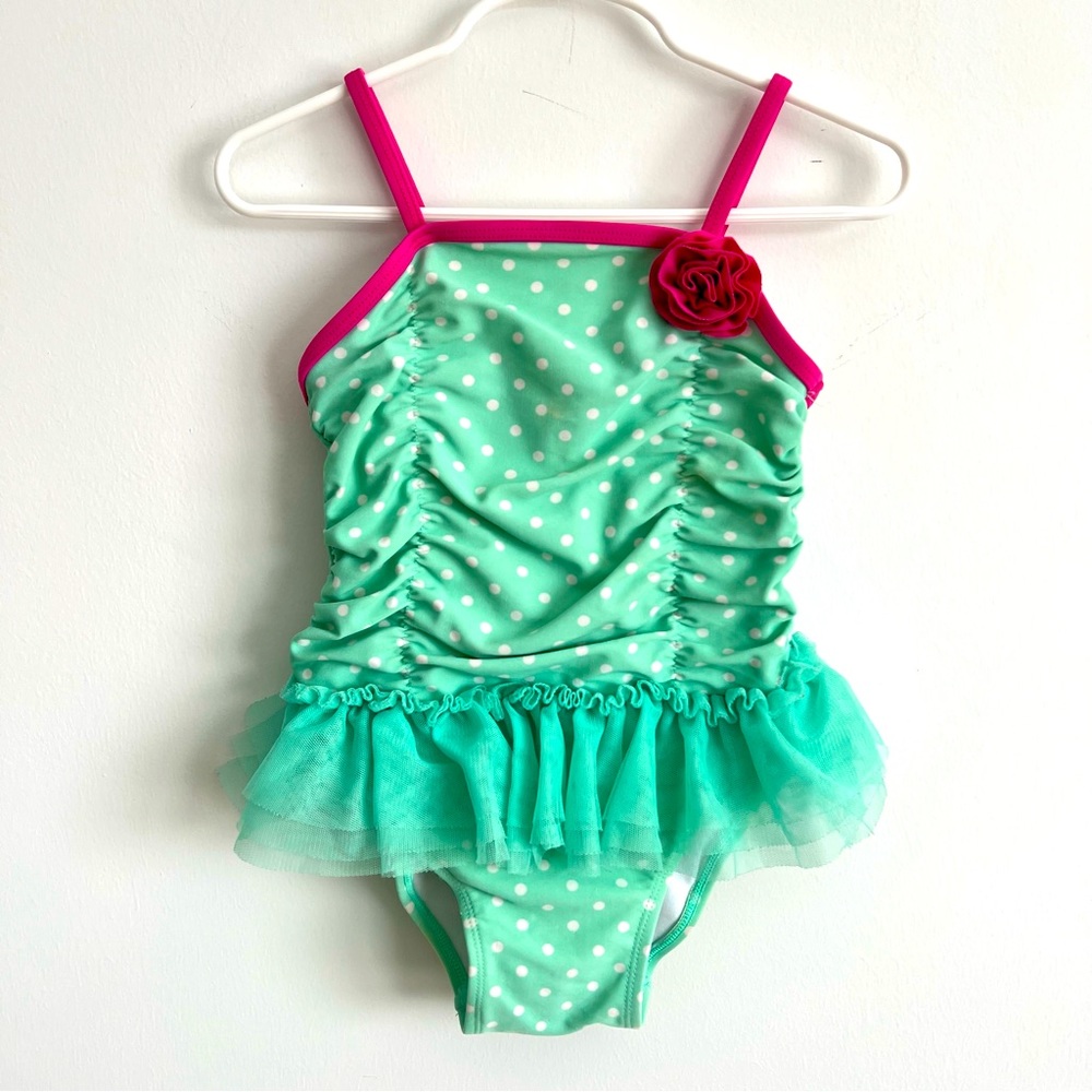 Light Teal and White Polka Dot One Piece Tutu Swimsuit | 3T | Circo